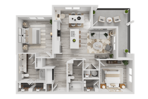 A 3D rendered image of a modern apartment layout.